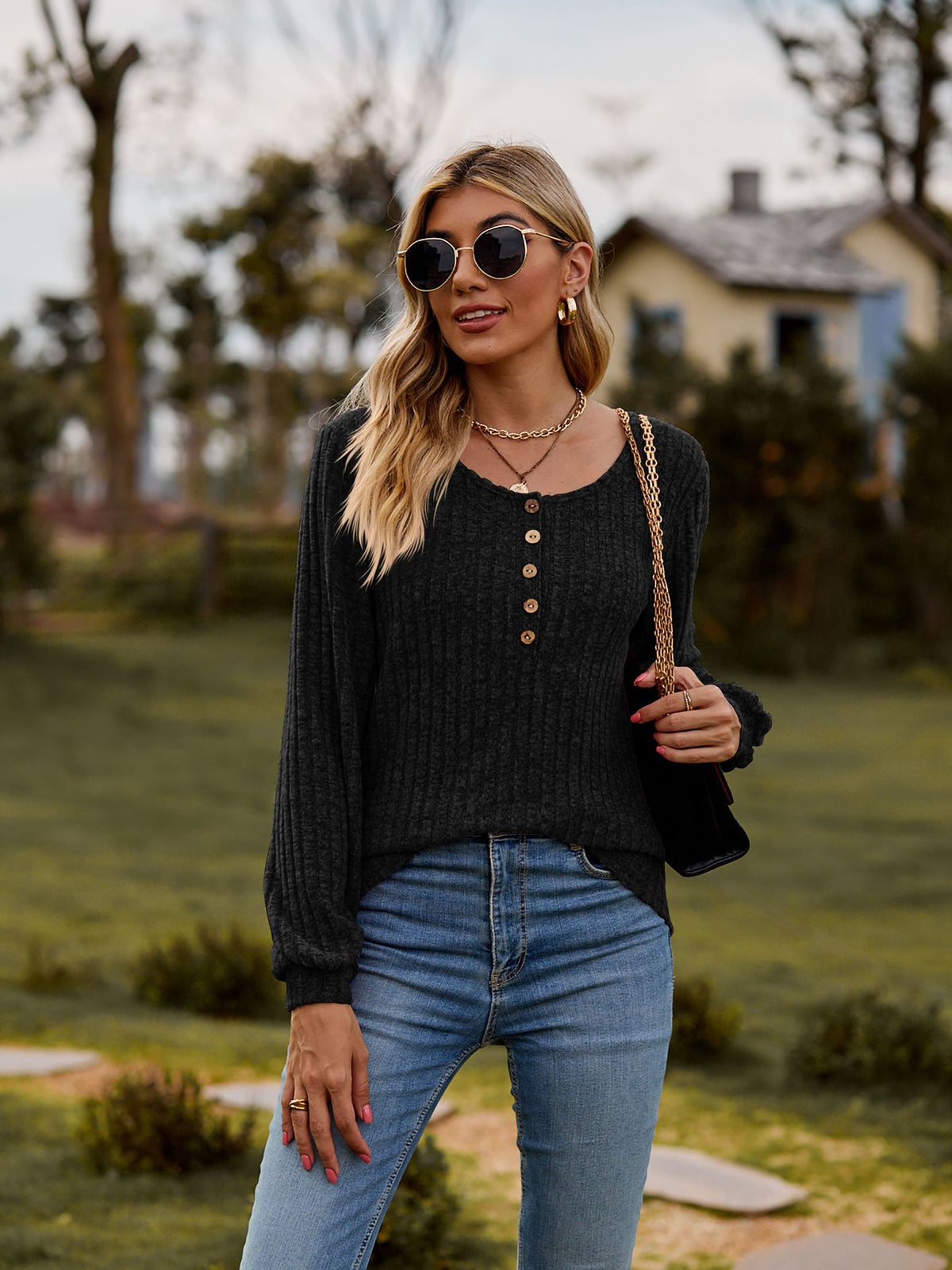 Women's Waffle Knit Button Front Lantern Sleeve Sweater