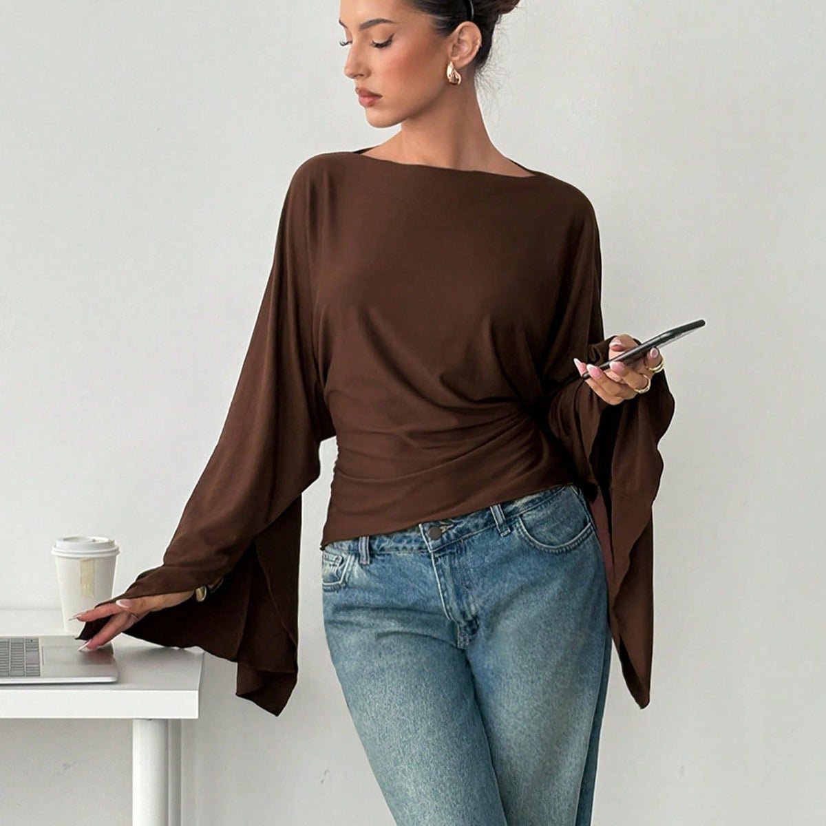 Women's Batwing Sleeve Tie Waist Boat Neck Top
