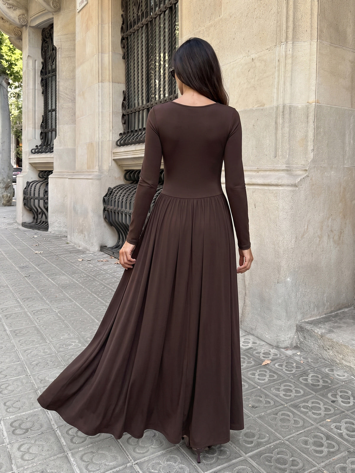 Brown Square Neck Long Sleeve Ruched Maxi Dress