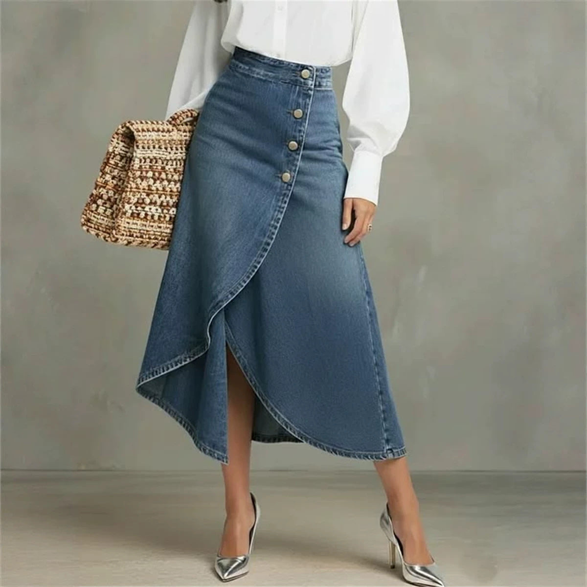 Washed Denim High Waist Asymmetrical Button Midi Skirt