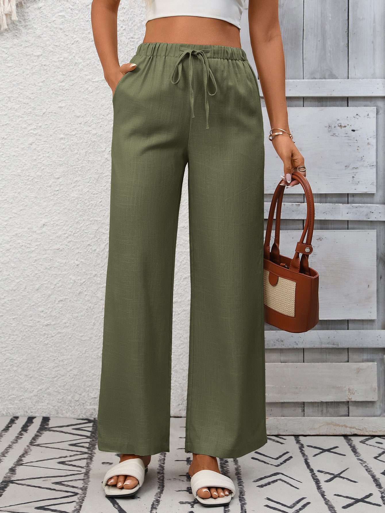 High Waist Cotton Linen Wide Leg Pants with Pockets