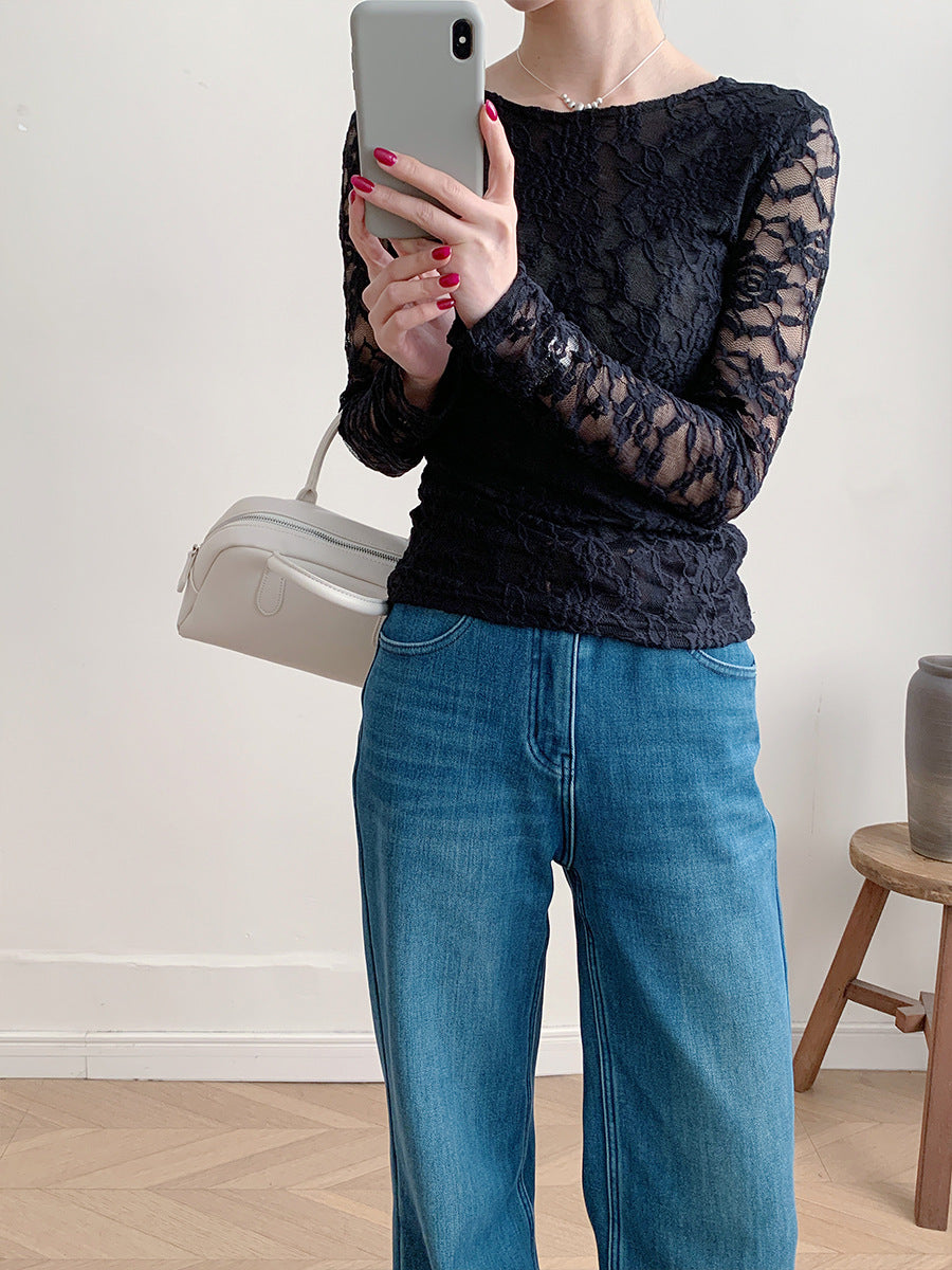 Women's Sheer Blouse Lace Long Sleeve Fitted U Neck Top