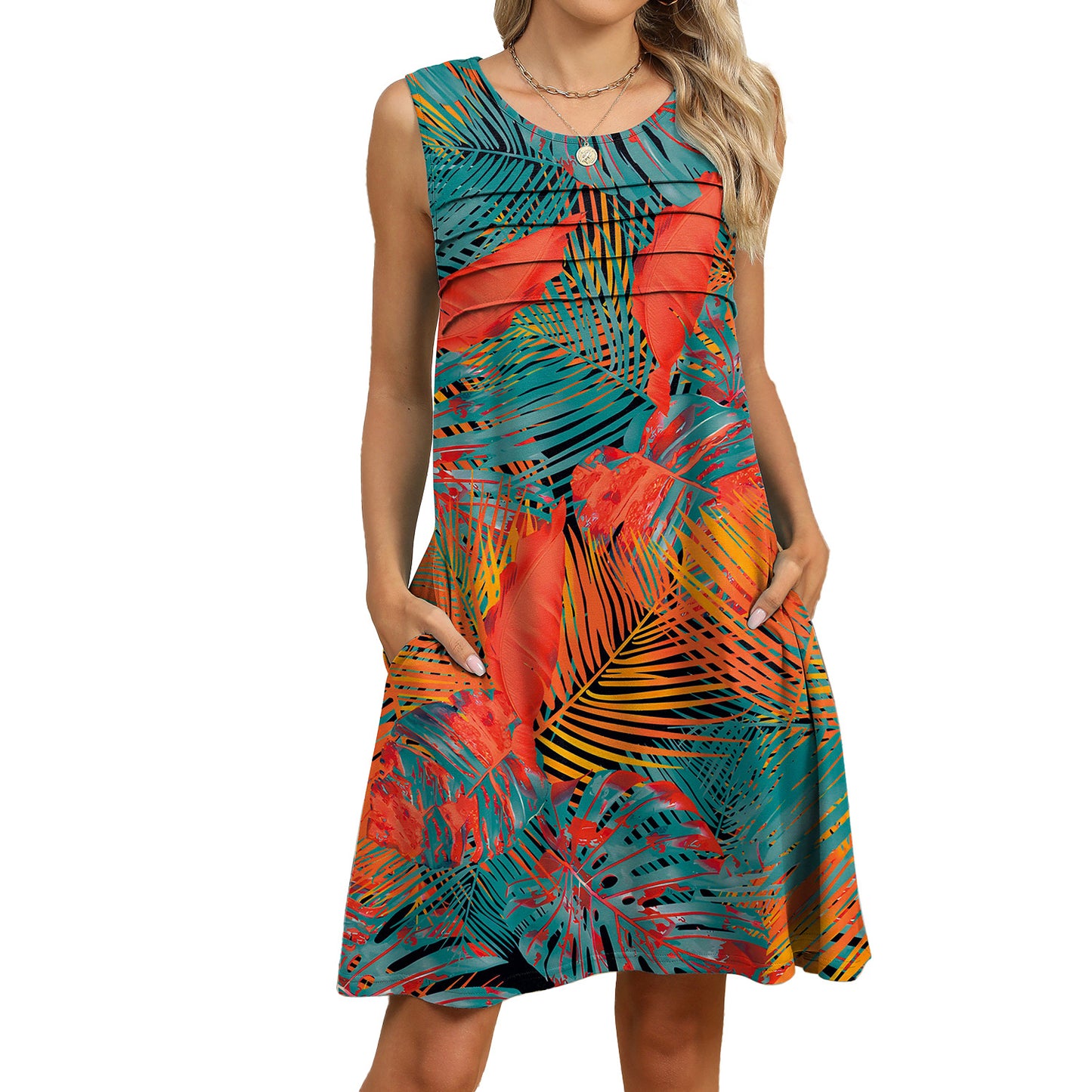 Loose Fit Scoop Neck Sundress with Graphic Print