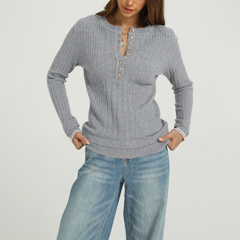 Women's Ribbed Henley Long Sleeve Fitted Sweater