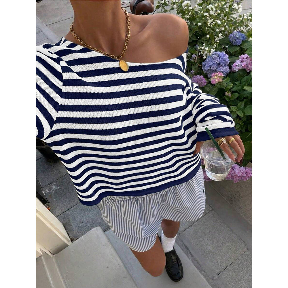Striped Off Shoulder Long Sleeve Knit Top
