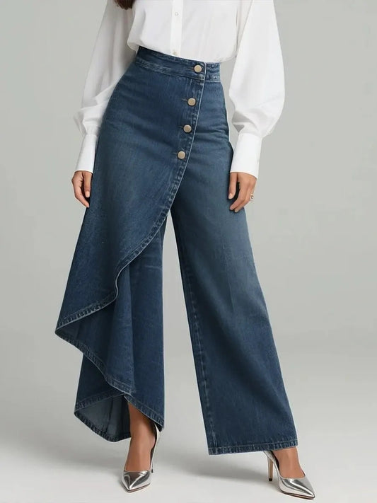 Solid Denim Wide Leg Pants Asymmetric Wrap High Waist Jeans