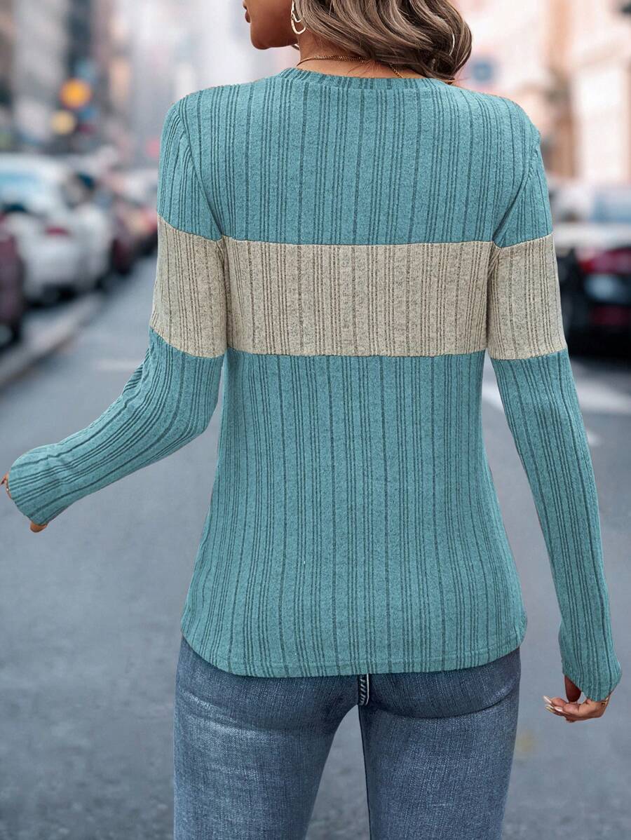 Color Block Ribbed Knit Top, Long Sleeve Relaxed Fit