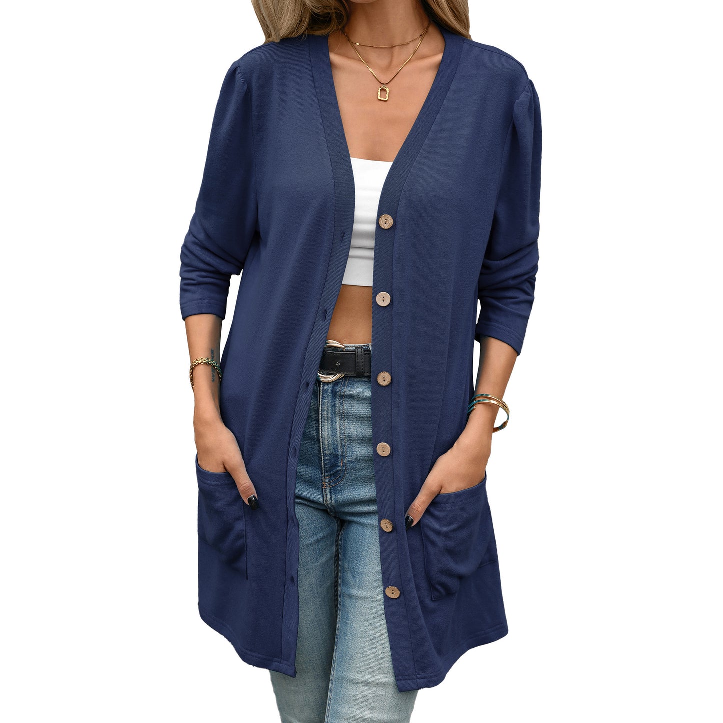 Women's V Neck Button Front Cardigan Long Sleeve Pockets