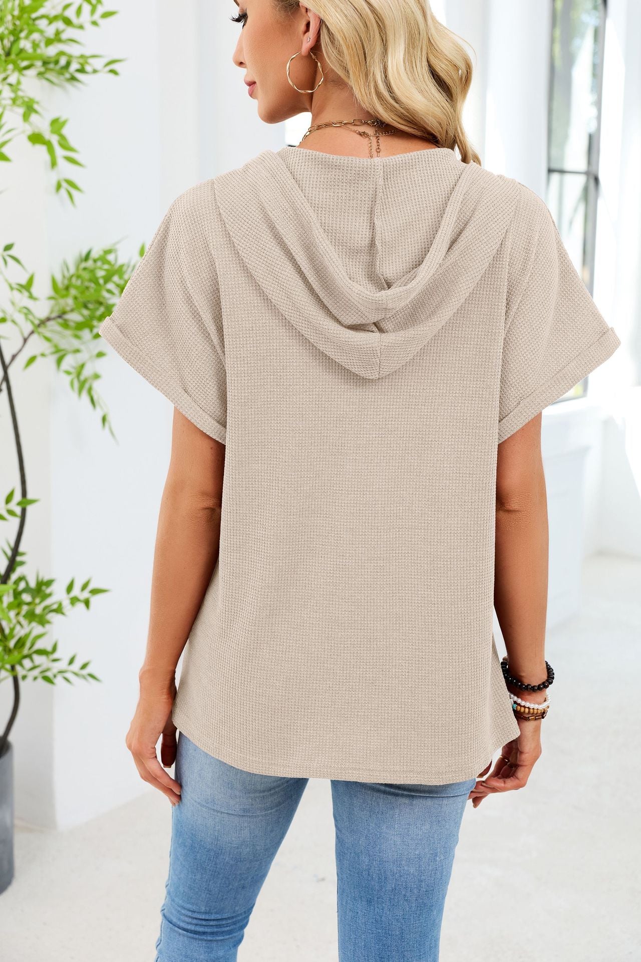Waffle Knit Short Sleeve Hoodie Henley Button Top