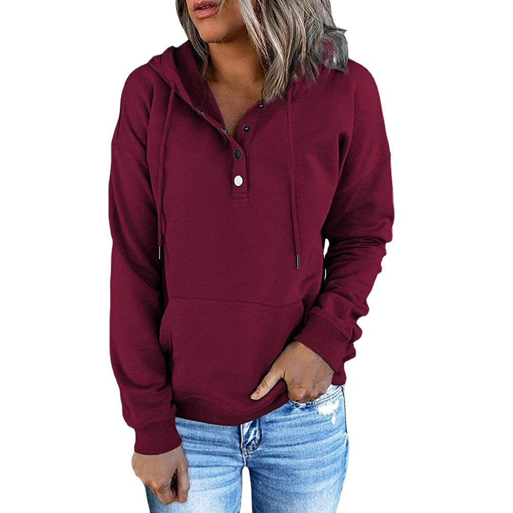 Women's Oversized Henley Hoodie Drawstring Pocket Pullover