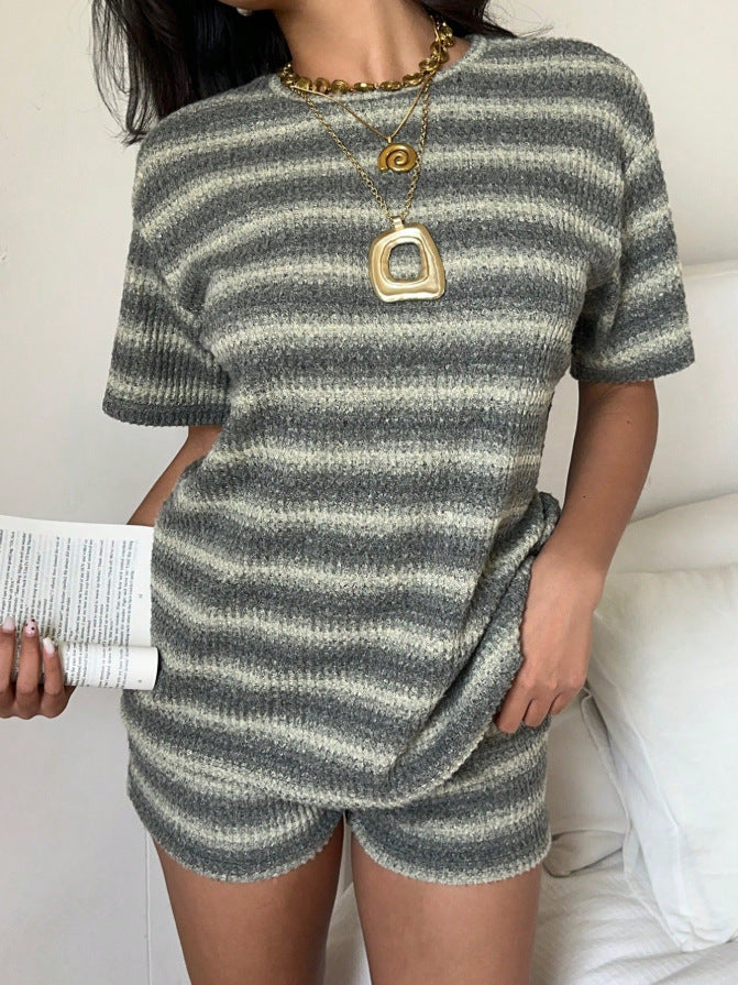 Striped Knit Lounge Set Boutique Shorts Fitted Ribbed