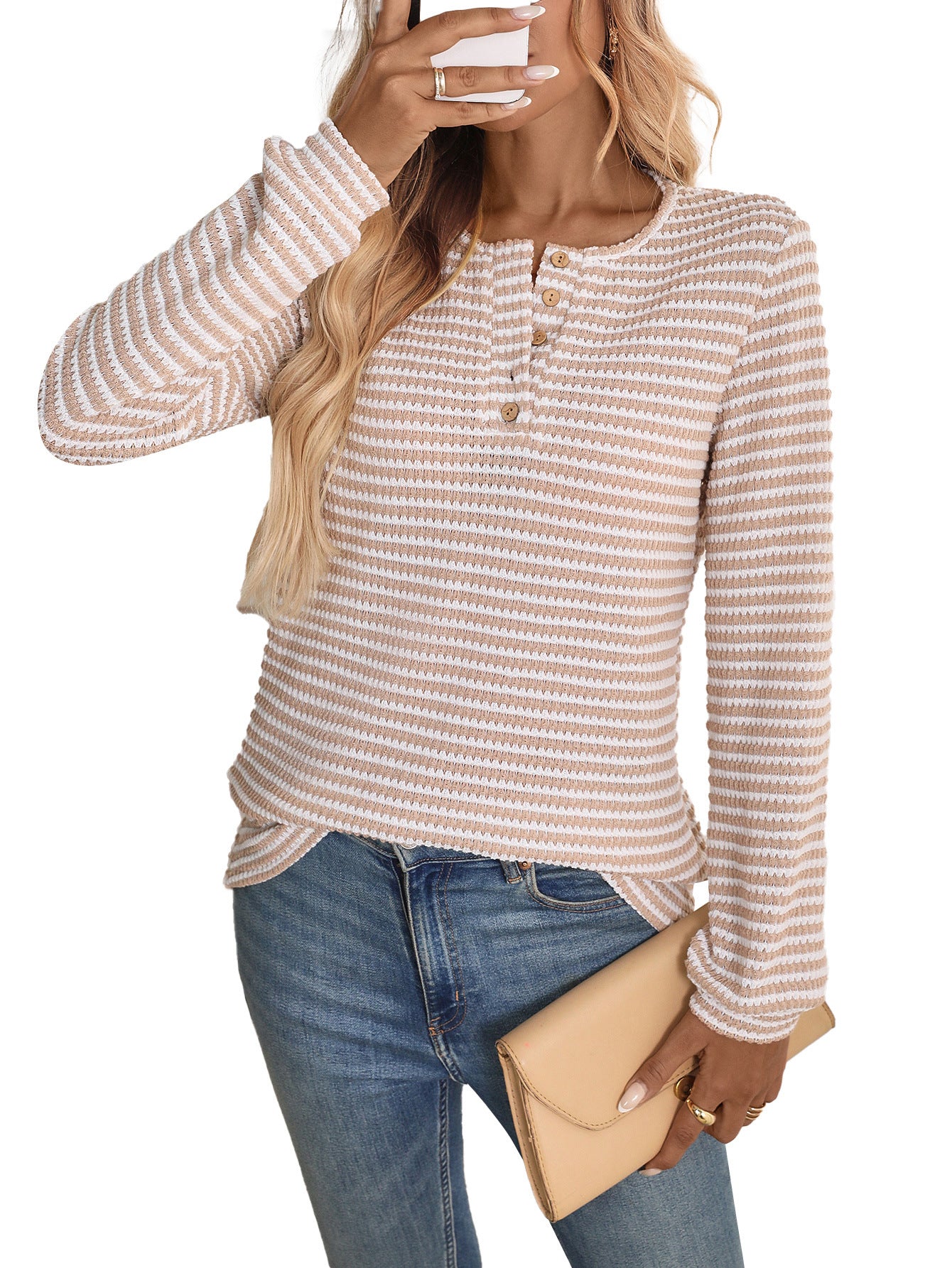Striped Viscose Henley Top Textured Long Sleeve