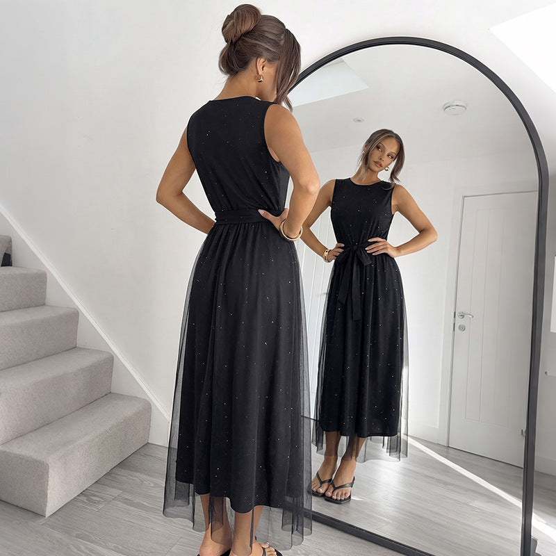 Black Mesh Maxi Dress Elegant Sleeveless Party Dress