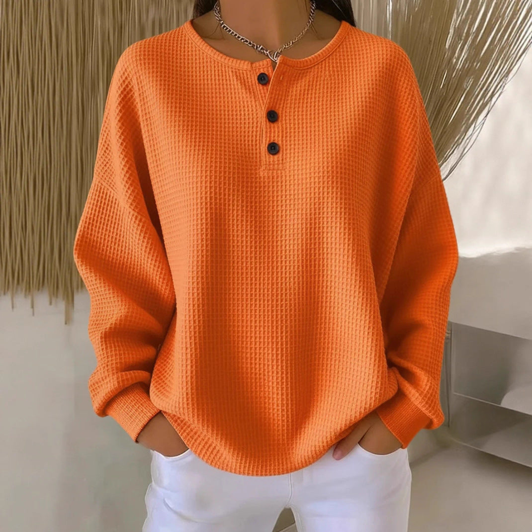Waffle Knit Henley Top, Oversized Long Sleeve Pullover