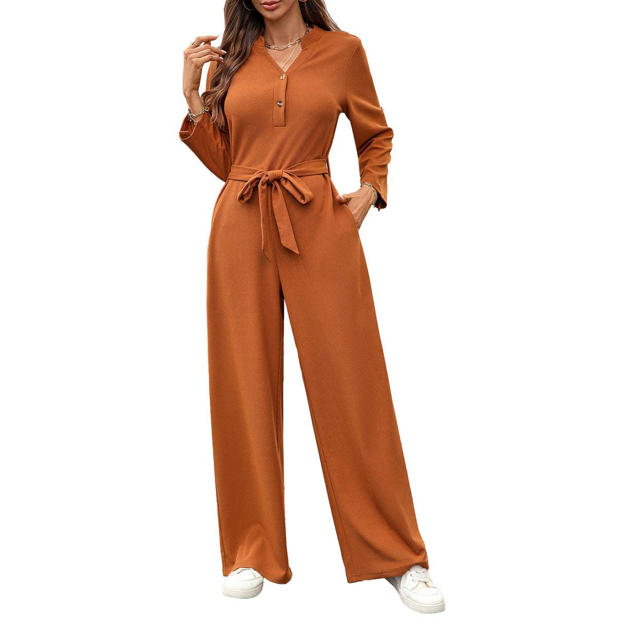 Women Long Sleeve Button Front Tie Waist Wide Leg Jumpsuit