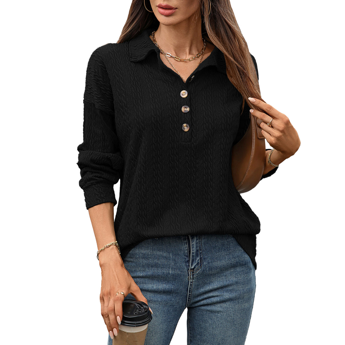 Women's Collared Button Long Sleeve Oversized Sweatshirt
