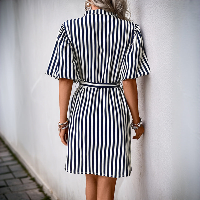 Striped Collared Shirt Dress with Belt and Ruffle Sleeves