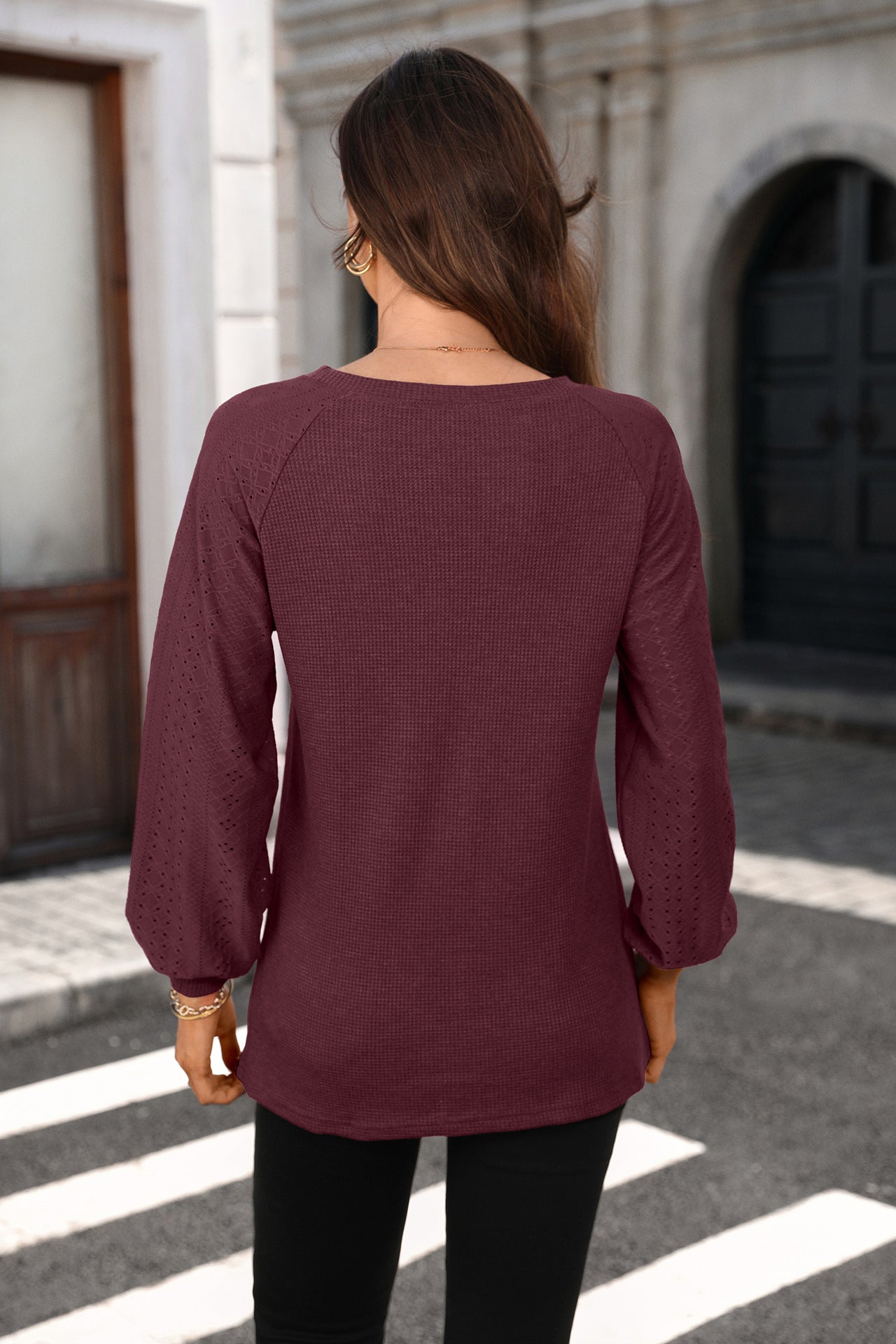 Solid Patchwork Long Sleeve Top Loose Fit Casual Blouse