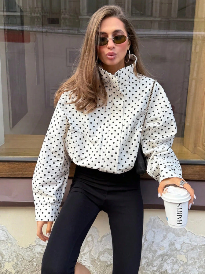 Polka Dot Woven Jacket Trendy Zip Up Stand Collar