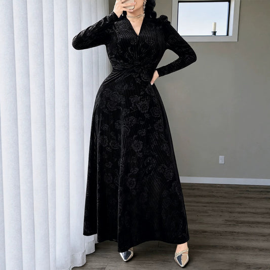 Plus Size Floral Velvet V Neck Maxi Dress