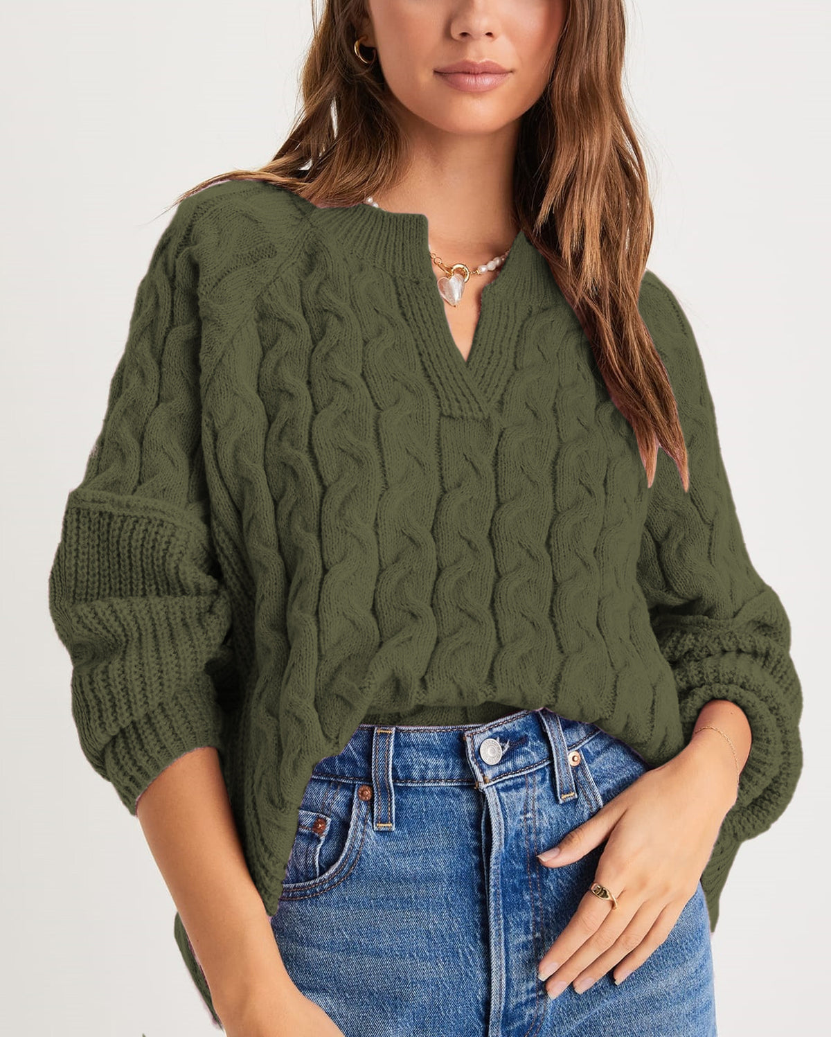 Women's Oversized Cable Knit V Neck Pullover Sweater