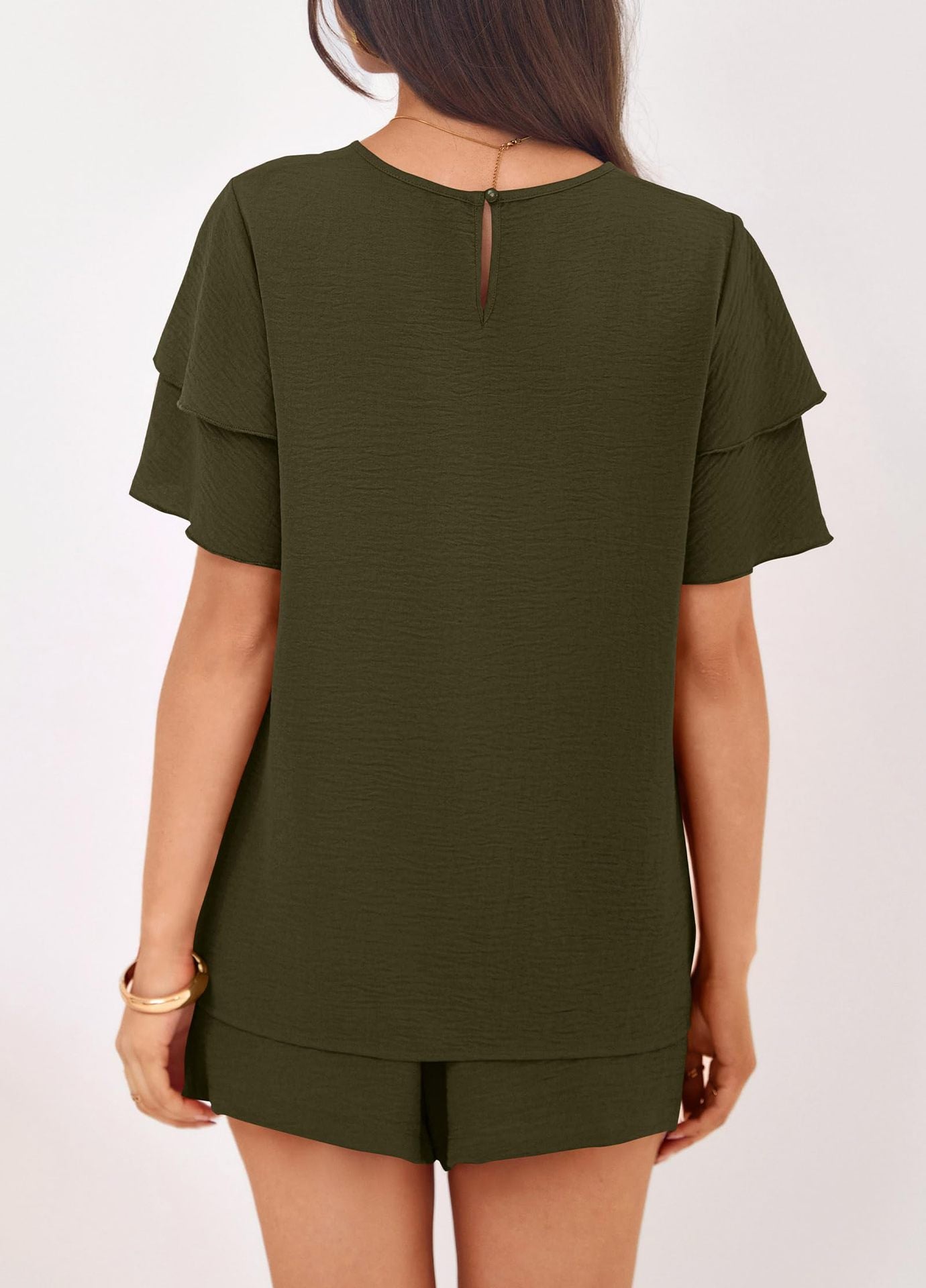 Casual Solid Ruffle Sleeve Short Set Lounge Outfit