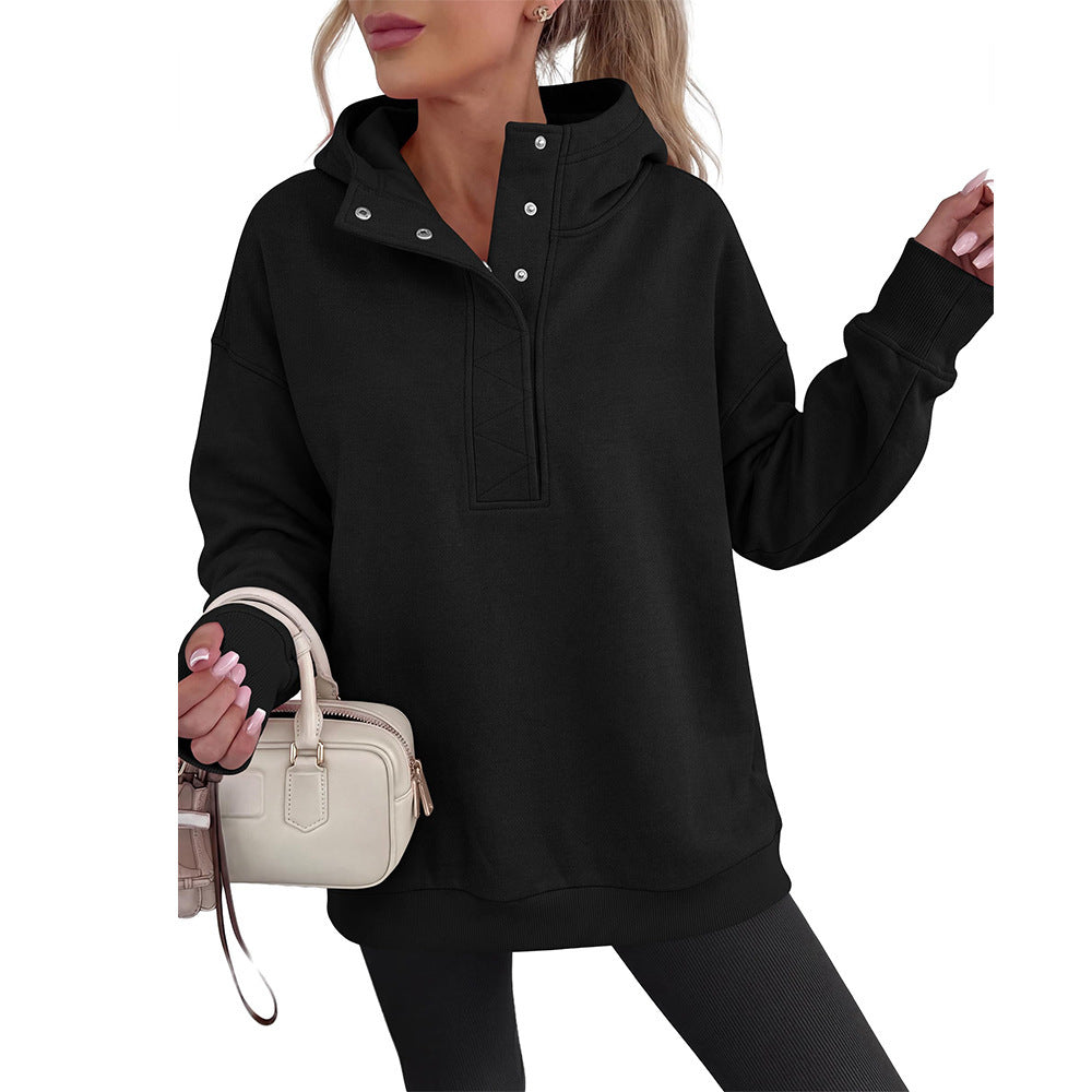 Solid Cotton Blend Hoodie Casual Oversized Snap Neck
