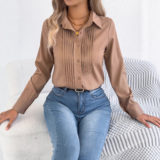 Pleated Long Sleeve Button Down Collared Blouse