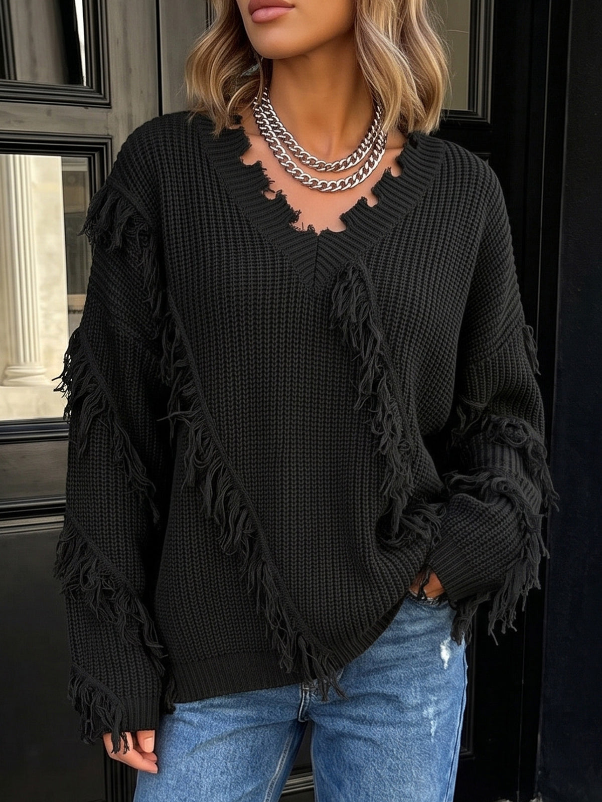 Women's Oversized V Neck Fringe Chunky Knit Sweater