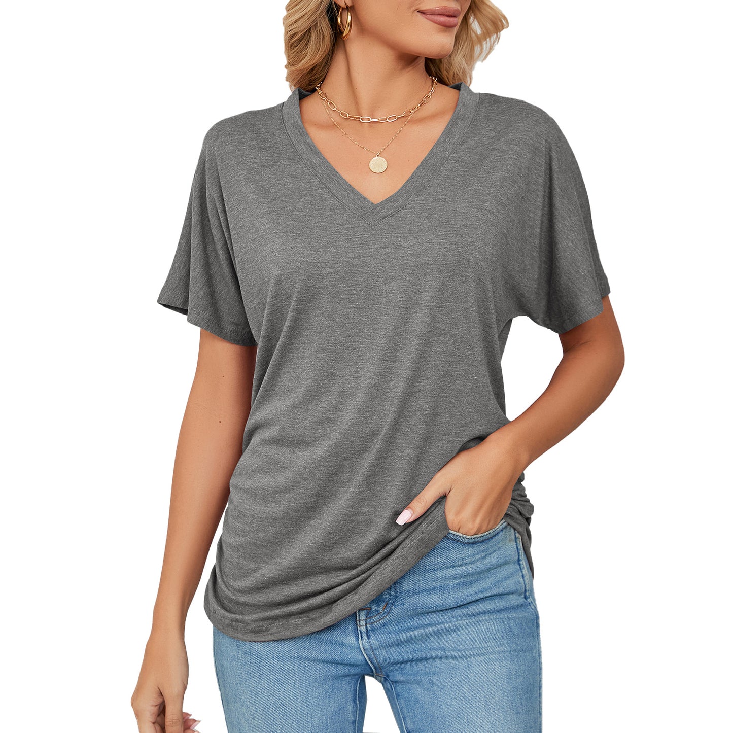 Basic V Neck Short Sleeve T Shirt Women Soft Loose Fit Casual Everyday Essential Top
