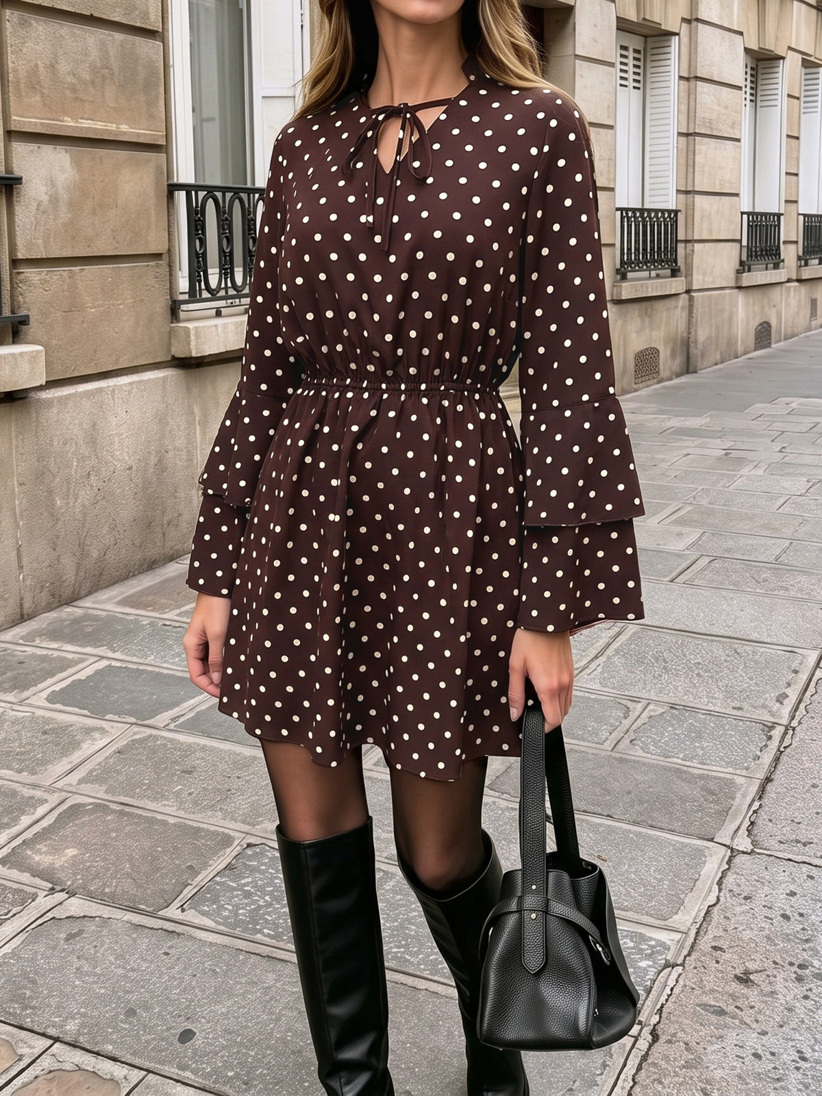 Women's Brown Polka Dot V-Neck Bell Sleeve A-Line Mini Dress