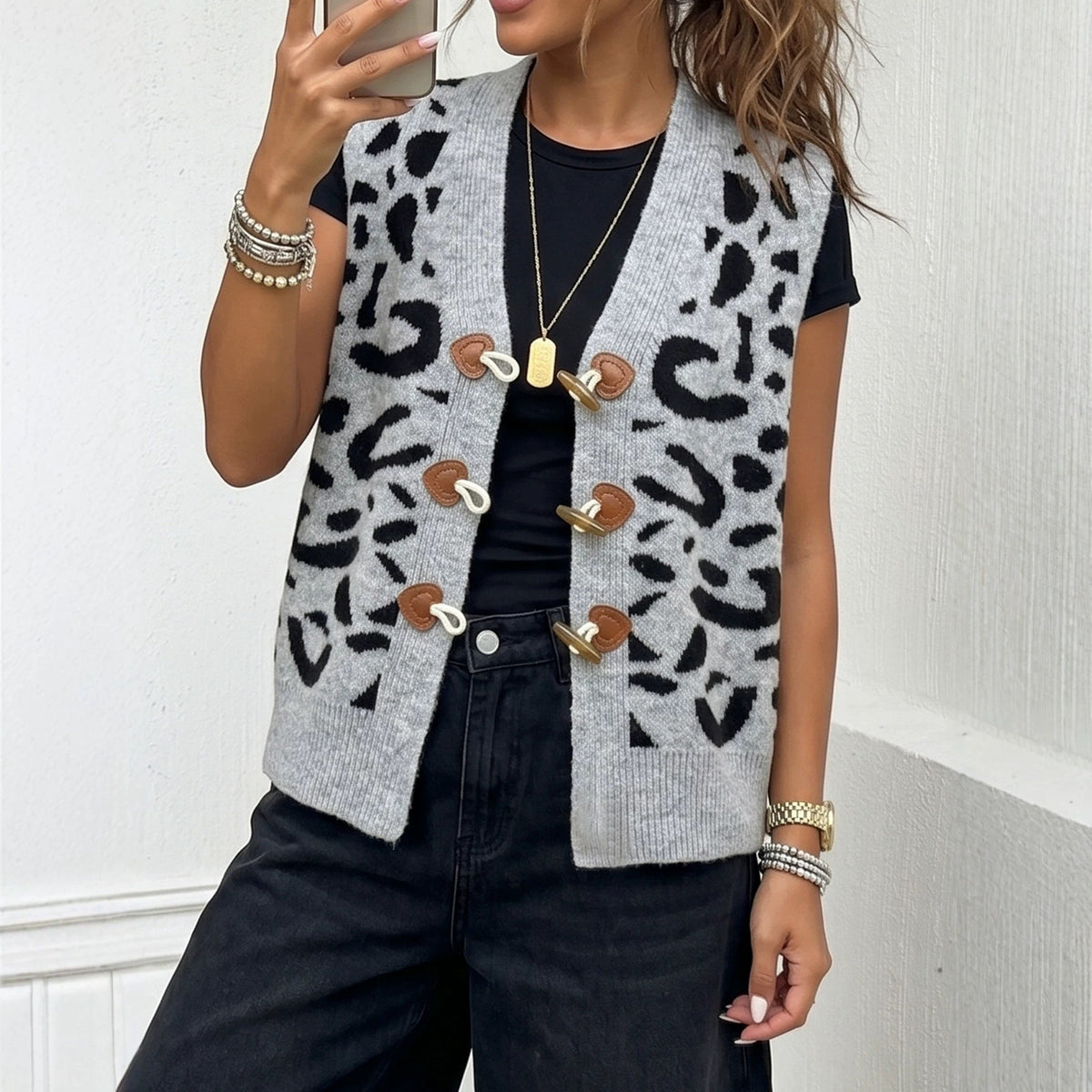 Women Leopard Sweater Vest V-Neck Toggle Button Knit