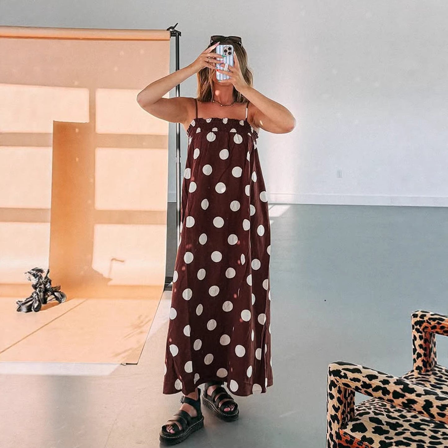 Polka Dot Cami Maxi Dress Sleeveless Flowy Dress