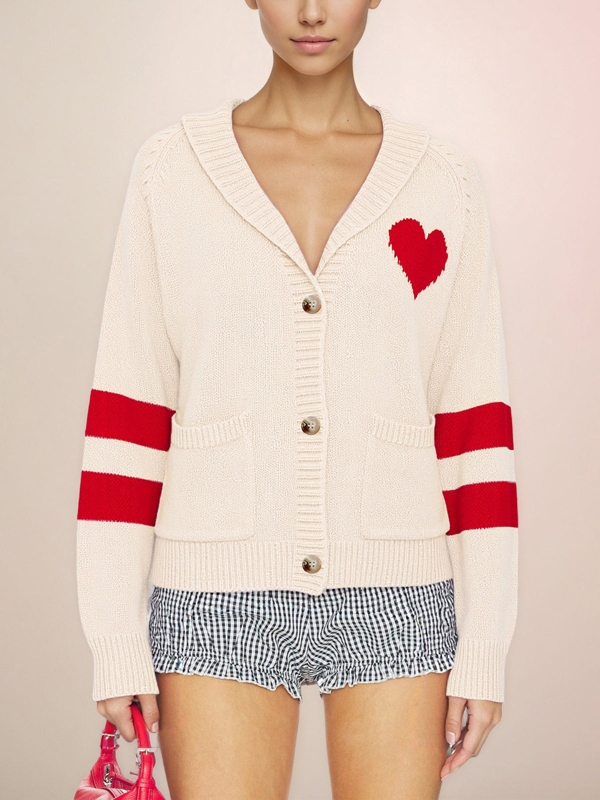 Womens Heart Patch Striped Cardigan Sweater V Neck