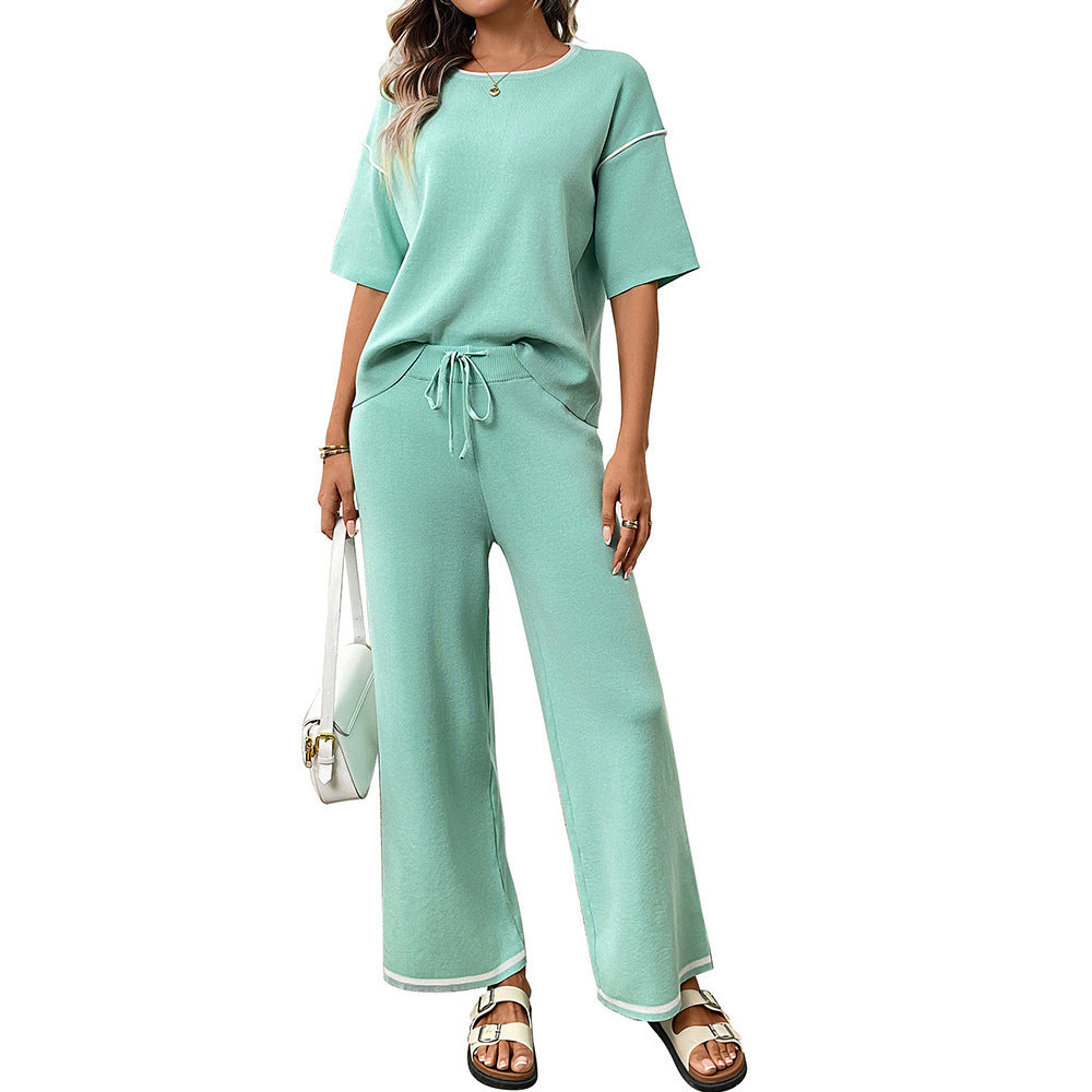 Women Short Sleeve Knit Lounge Set Wide Leg Pants