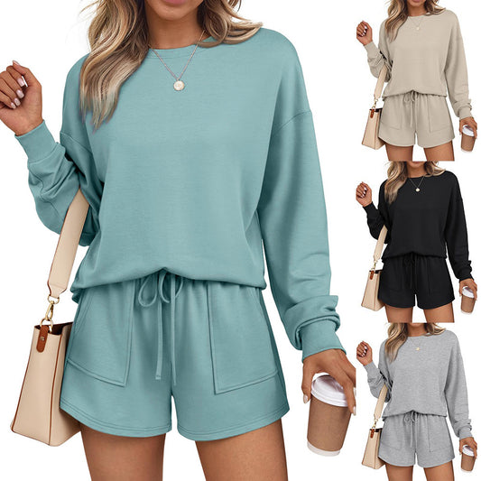 Women's Fall 2 Piece Lounge Set Long Sleeve Top and Shorts