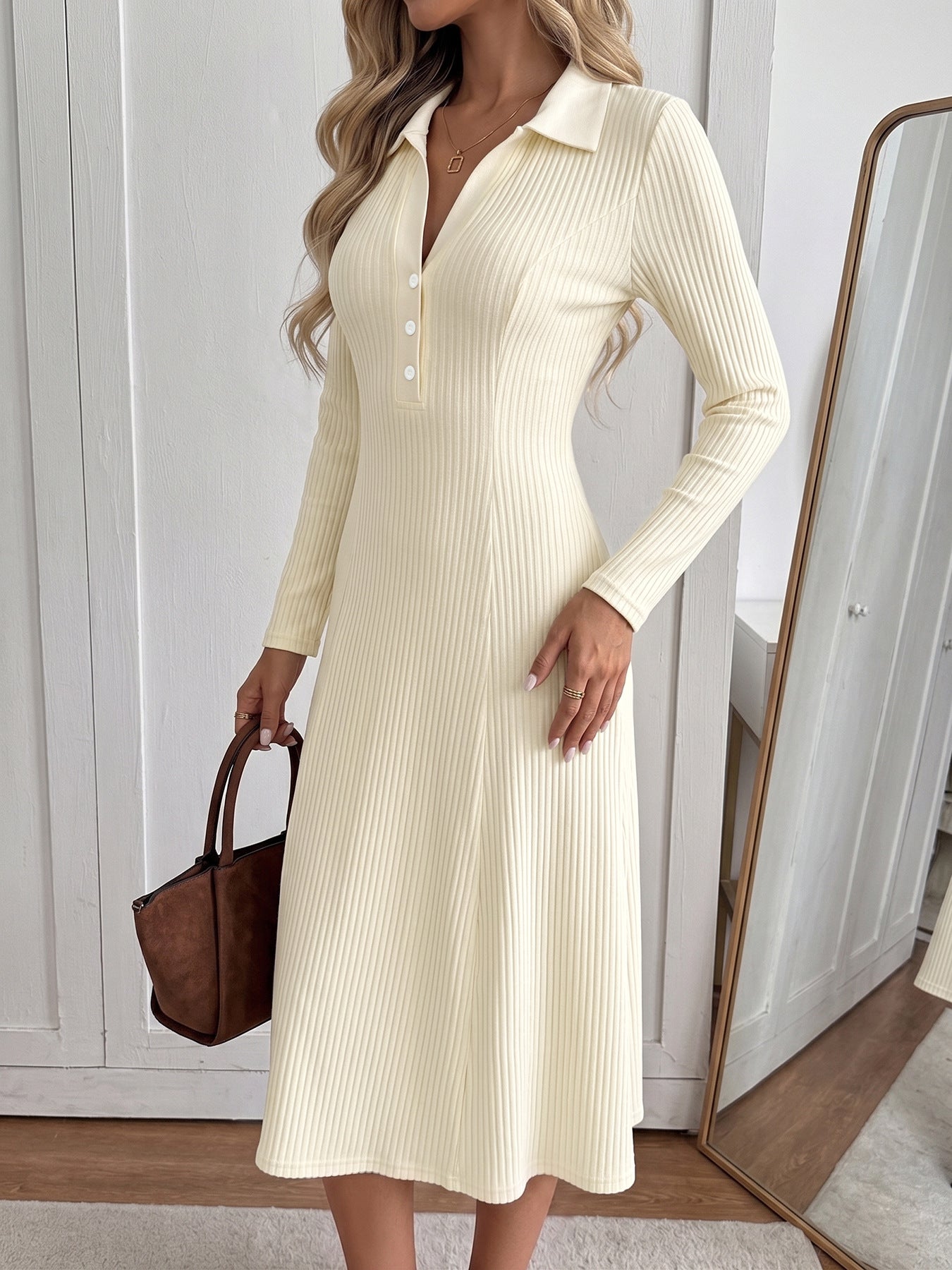 Ribbed Knit Midi Dress Polo Collar High Waist Sweater Dress
