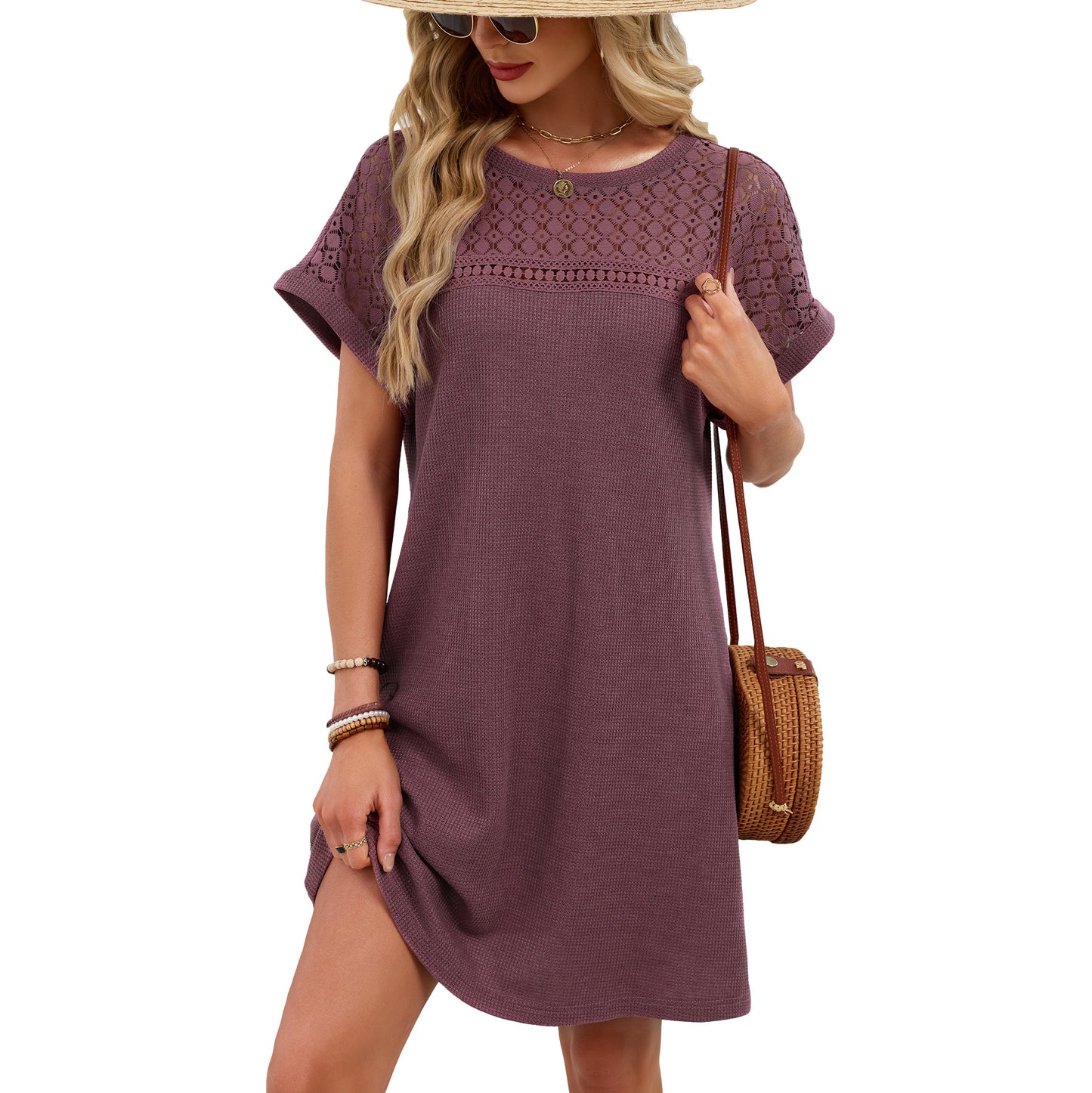 Women’s Lace Patchwork Short Sleeve Casual T Shirt Dress