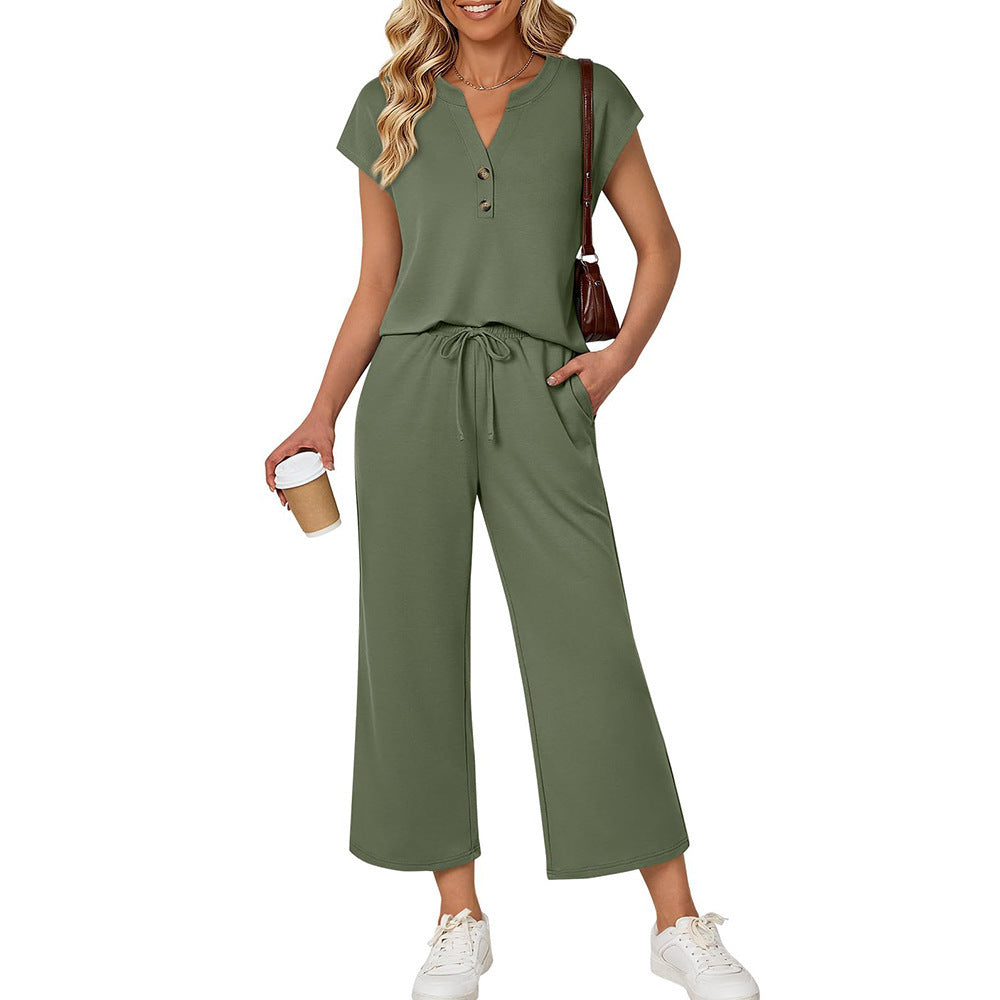 Women's Lounge Set 2 Piece Capri Pants Button Front Top
