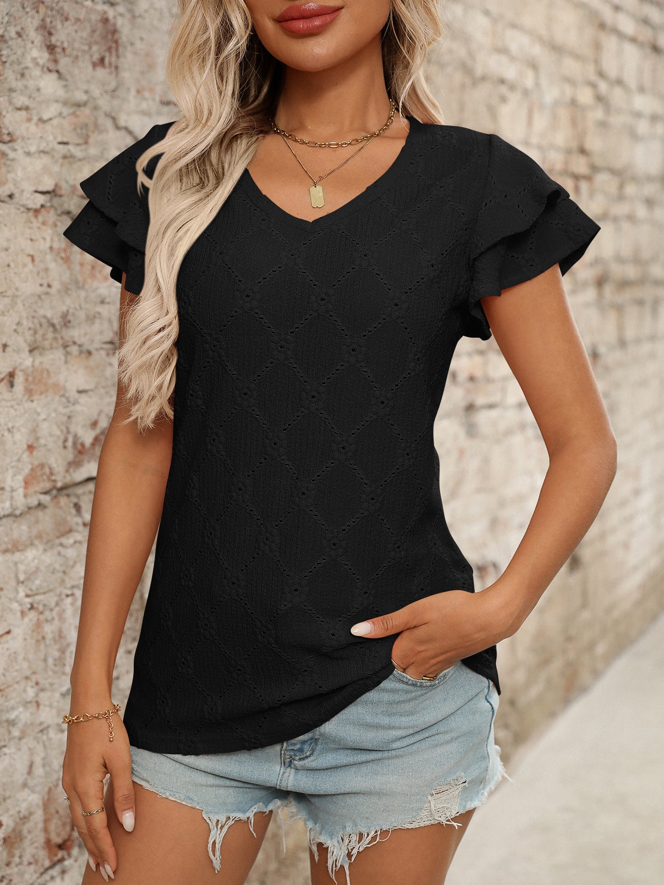 V Neck Eyelet Ruffle Sleeve Knit Summer Casual Top