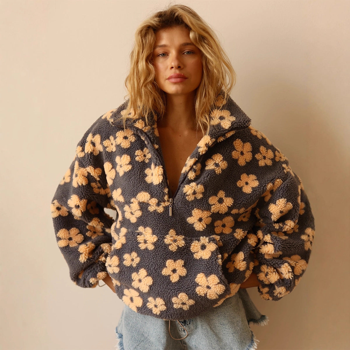 Floral Sherpa Pullover Half Zip Sweatshirt