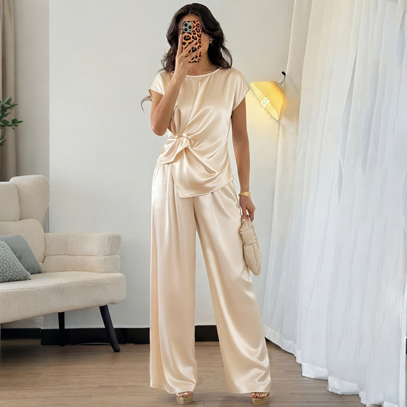 Satin Twist Front Top and Wide Leg Pants Set