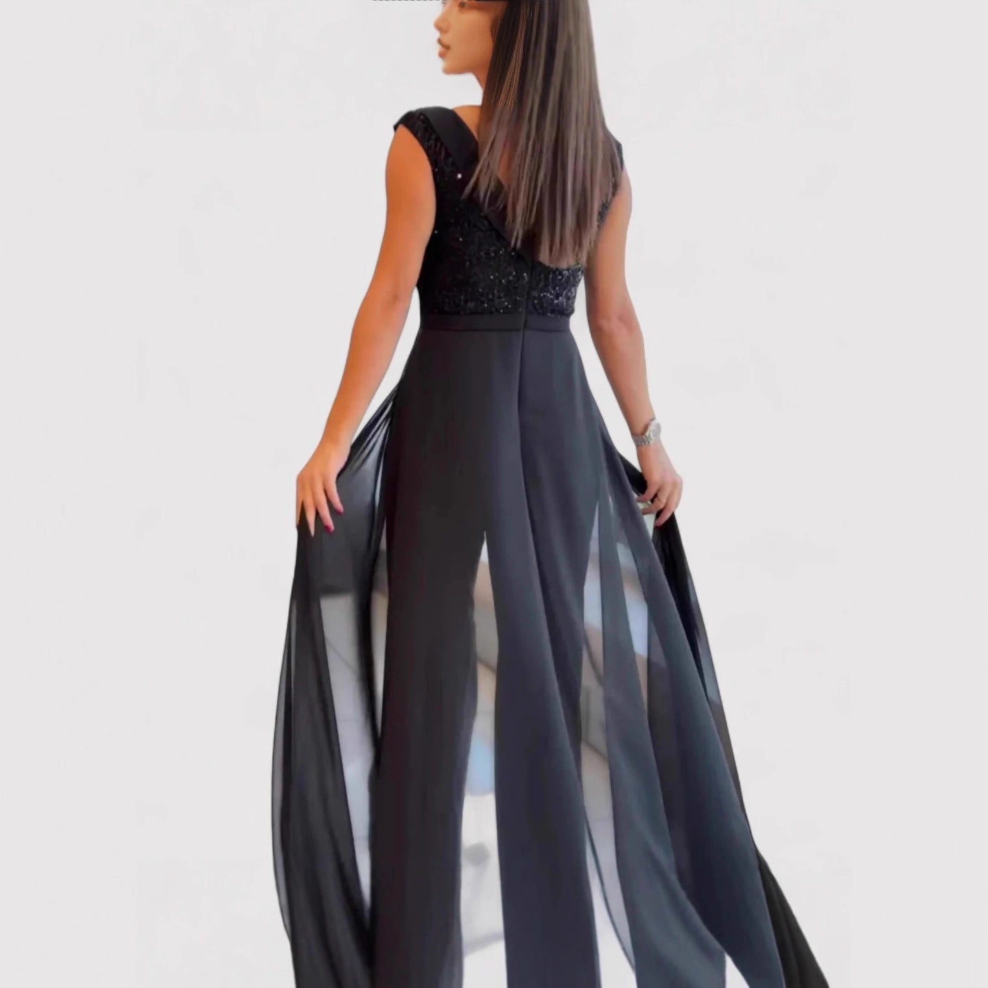 Sequin Chiffon Overlay Wide Leg Formal Jumpsuit