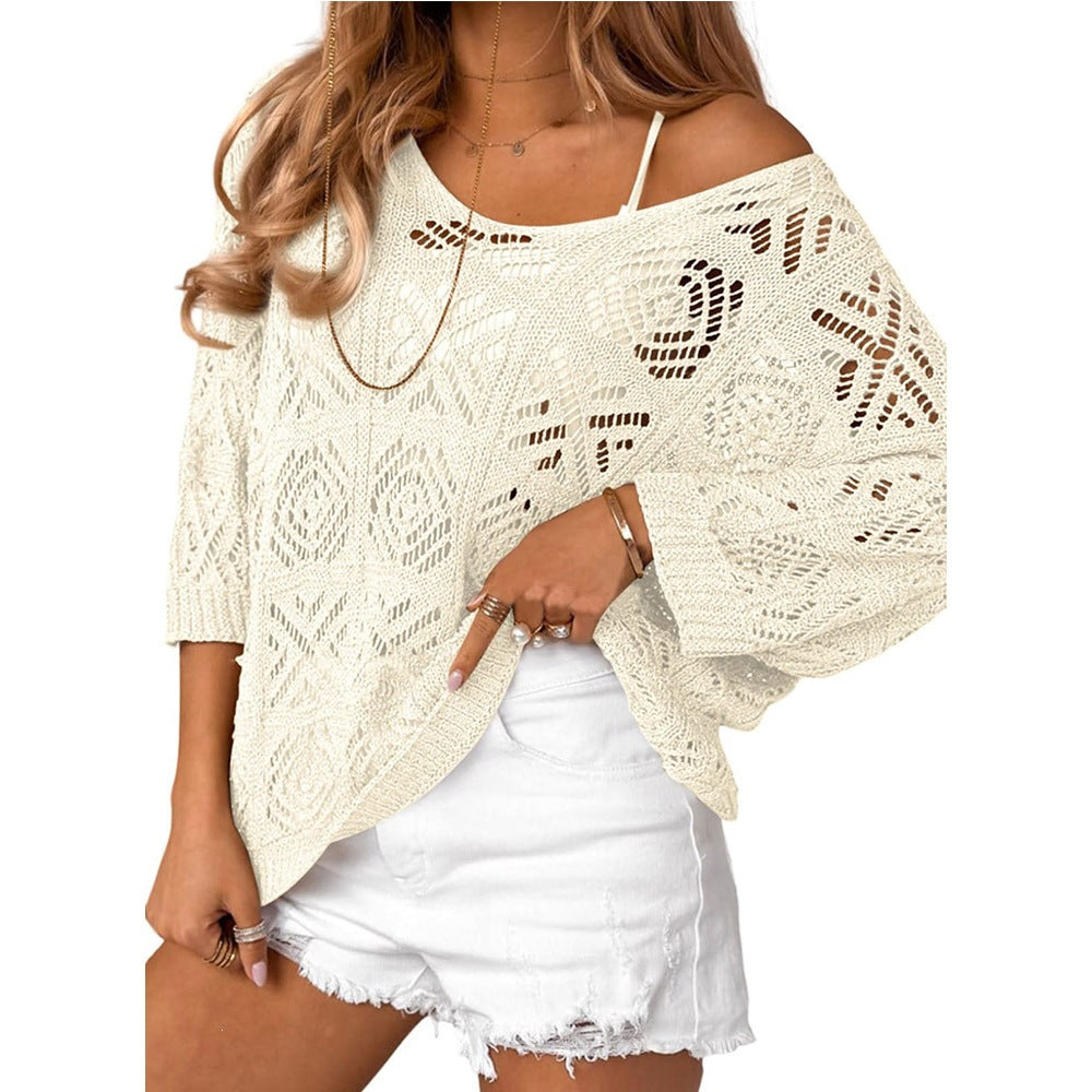 Openwork Crochet Knit Top Boho V Neck