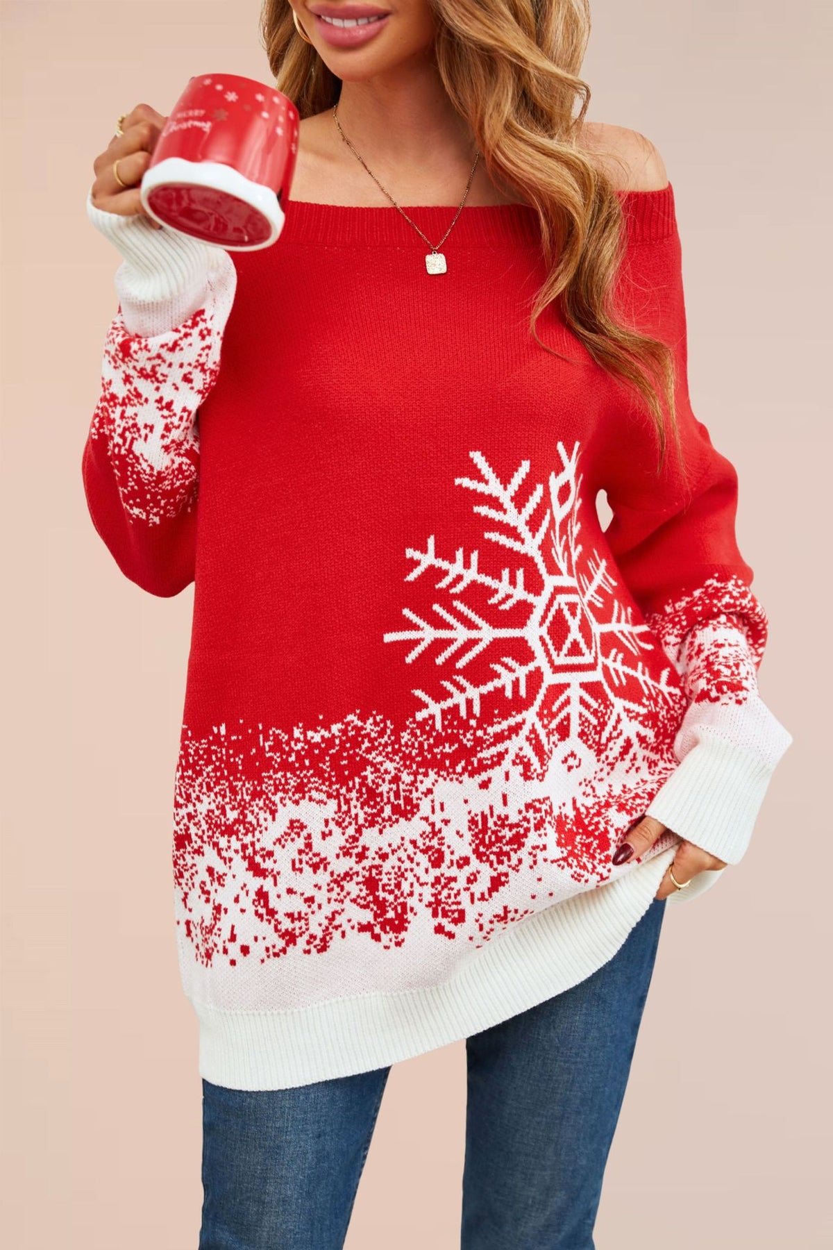 Womens Oversized Off Shoulder Snowflake Christmas Sweater
