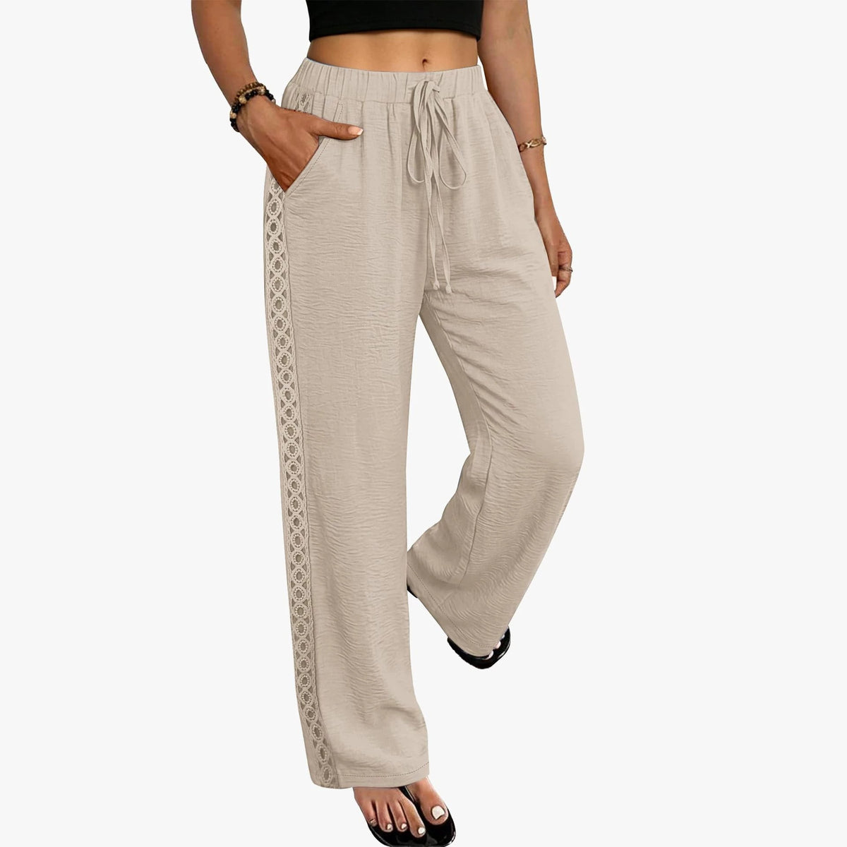 Women Lace Trim Drawstring Wide Leg Casual Pants