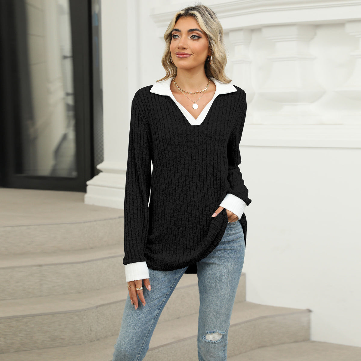 Women's Color Block Collar Long Sleeve Oversized Knit Top