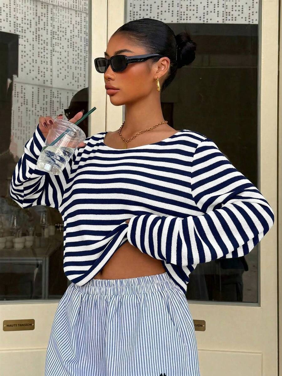 Striped Off Shoulder Long Sleeve Knit Top