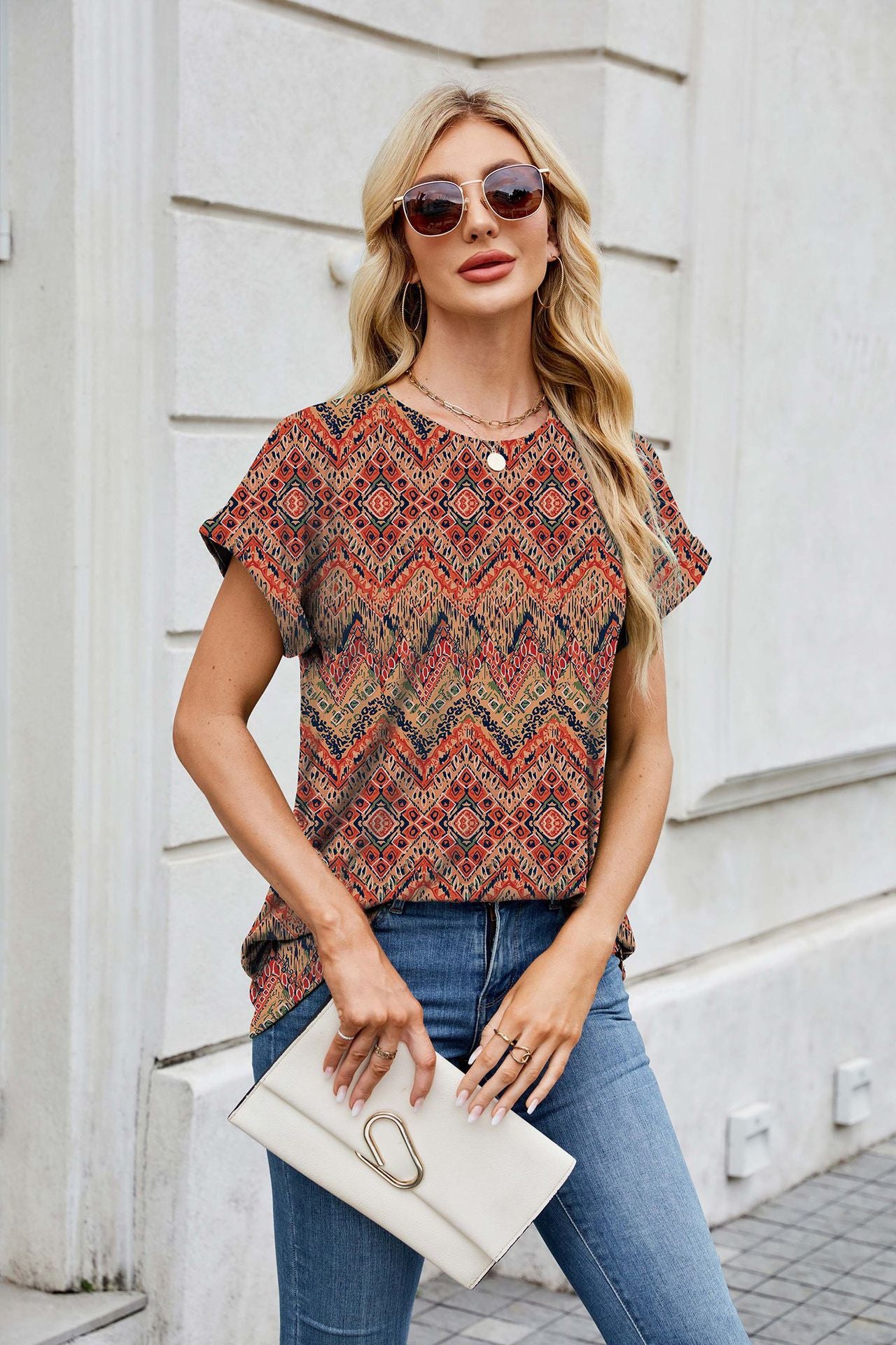 Women Print Loose Fit Crew Neck Short Sleeve T-Shirt