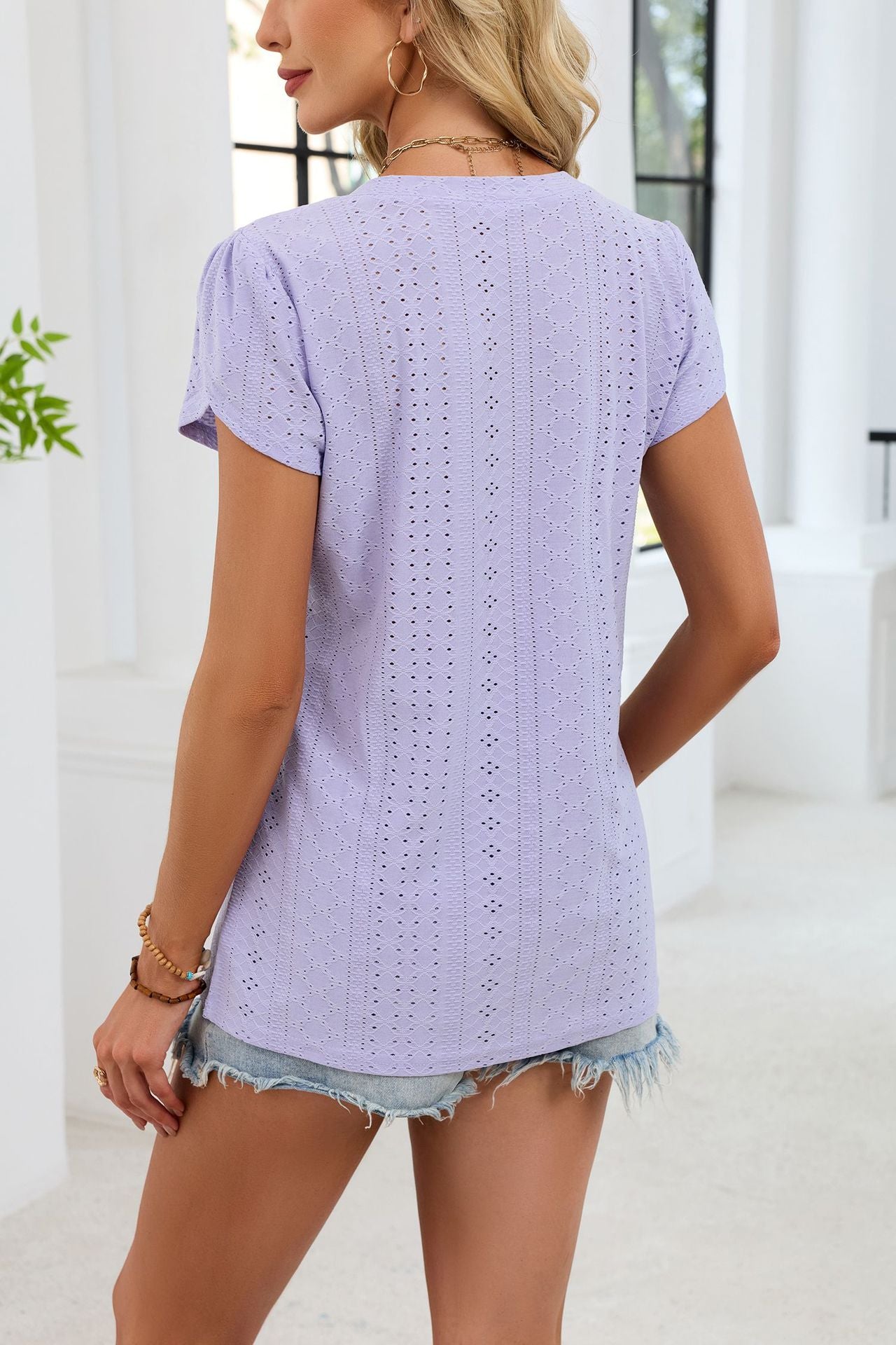 V Neck Eyelet Knit Top Flutter Sleeve Loose Tee